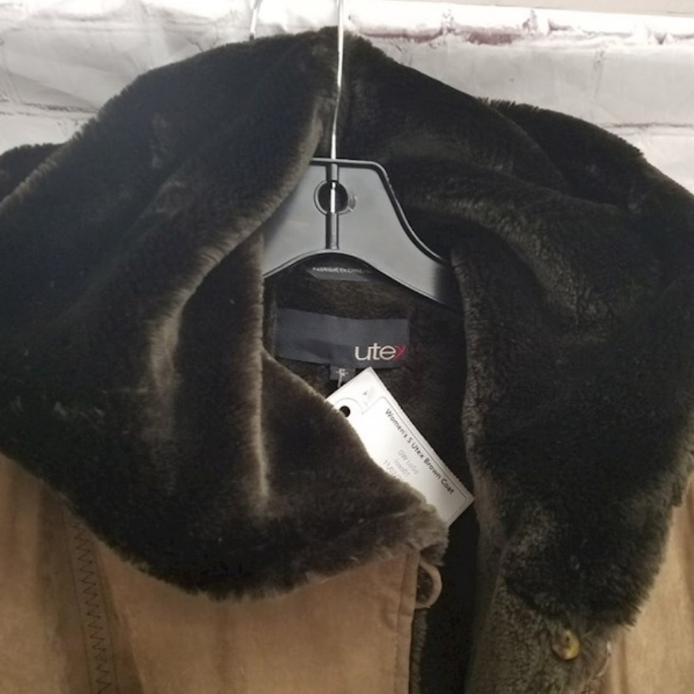 Vintage UteX long suede coat with brown fur lining and trim hooded size p small - Picture 3 of 5